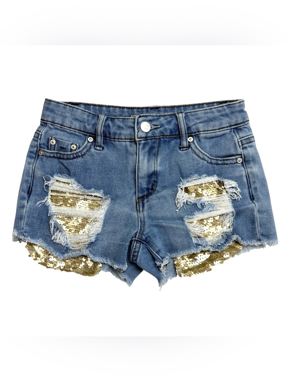 Tractr Distressed Denim Sequin Pocket Shorts Blue Gold 7